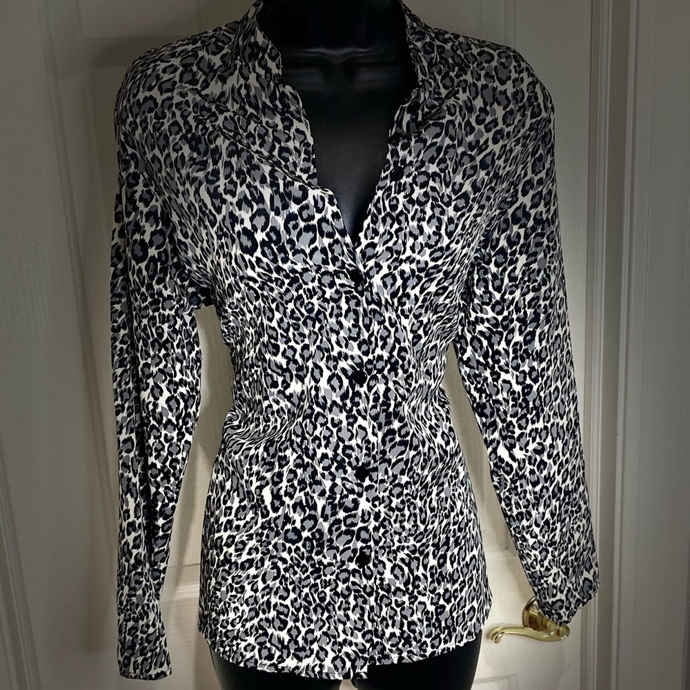 Medium Snow Leopard Anna: A Chic Long Sleeve Button Down Top in 100% Polyester